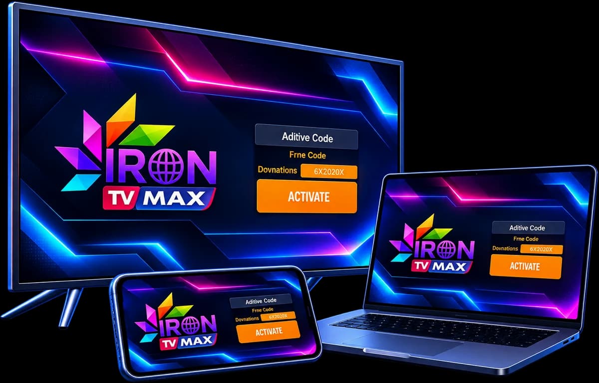 Iron TV Max affiché sur un téléviseur, un ordinateur portable et un smartphone